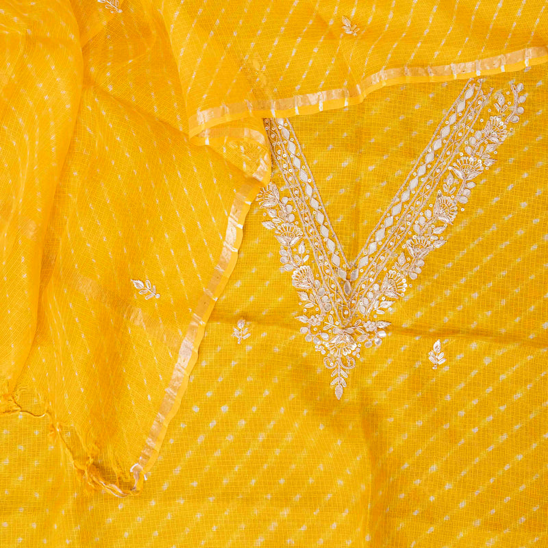 Hand Tie - Dye Kota Silk Kurta Fabric With Zari Hand Embroidery & Zari Hand Embroidery Dupatta