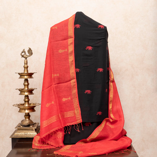Handloom Handwoven Cotton Jamdani Kurta, Bottom Fabric & Handloom Handwoven Linen Jamdani Dupatta With Golden Motifs