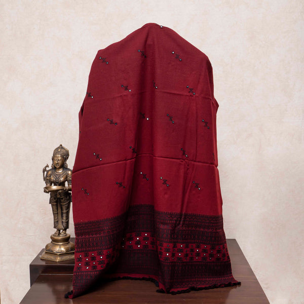 Handwoven Woollen Maroon Shawl With Mirror Work