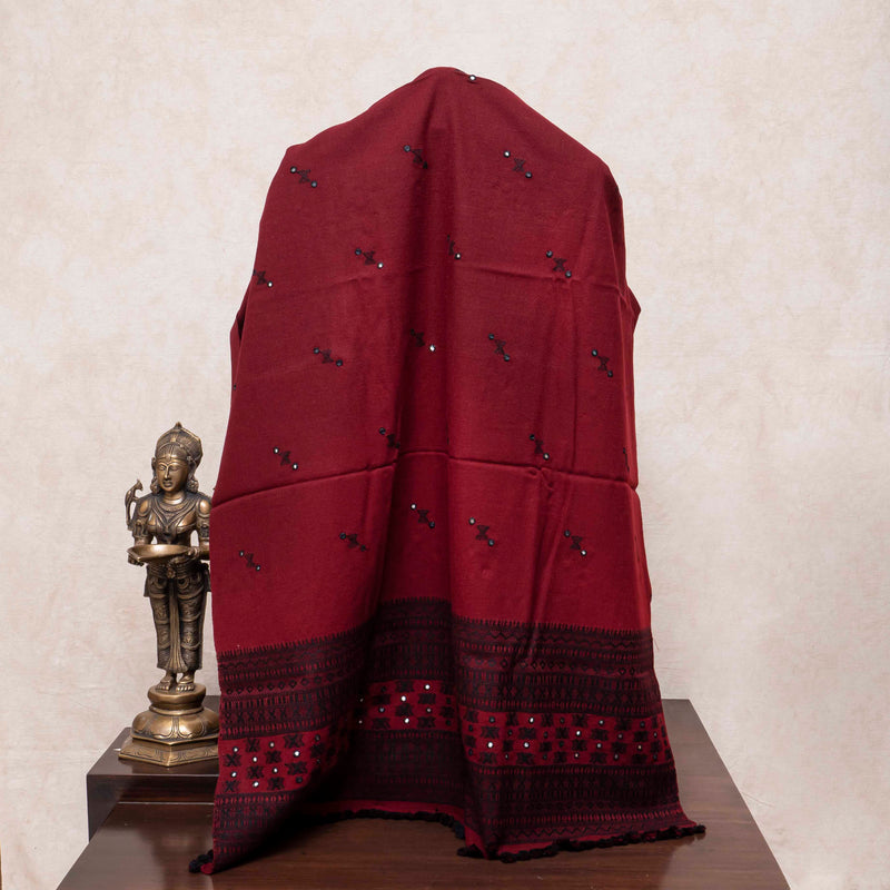 Handwoven Woollen Maroon Shawl With Mirror Work
