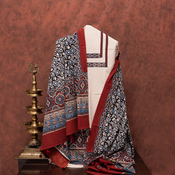 Ajrakh Cotton Kurta, Bottom And Dupatta