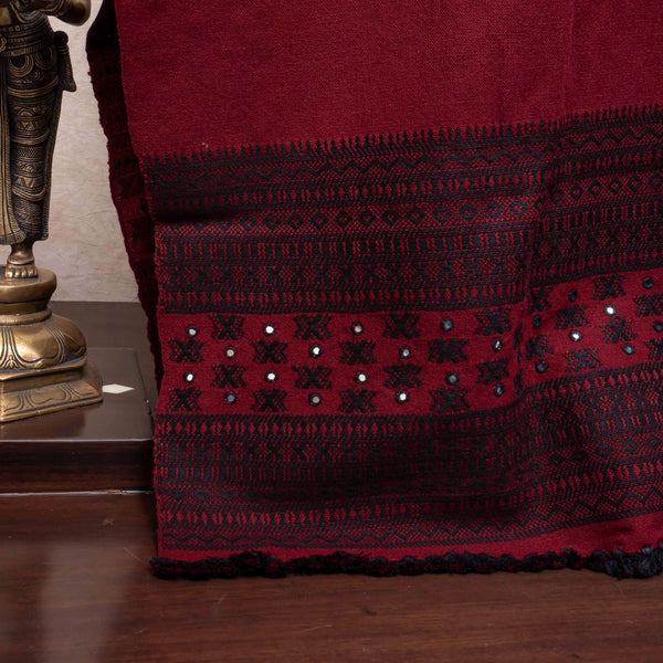 Handwoven Woollen Maroon Shawl With Mirror Work