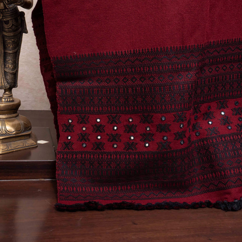 Handwoven Woollen Maroon Shawl With Mirror Work