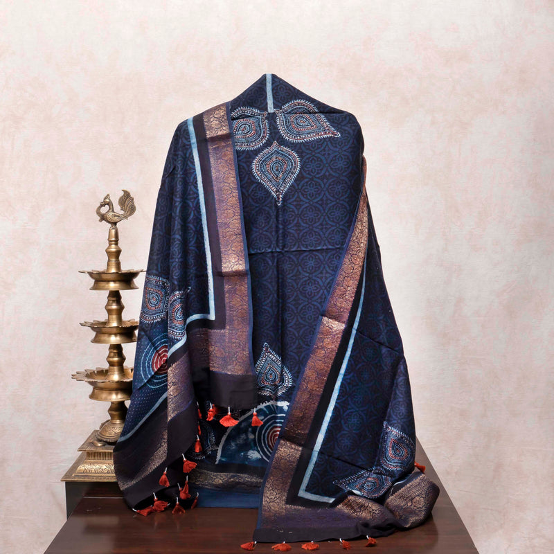 Midnight Elegance Ajrakh Hand Block Chanderi Kurta & Dupatta Set