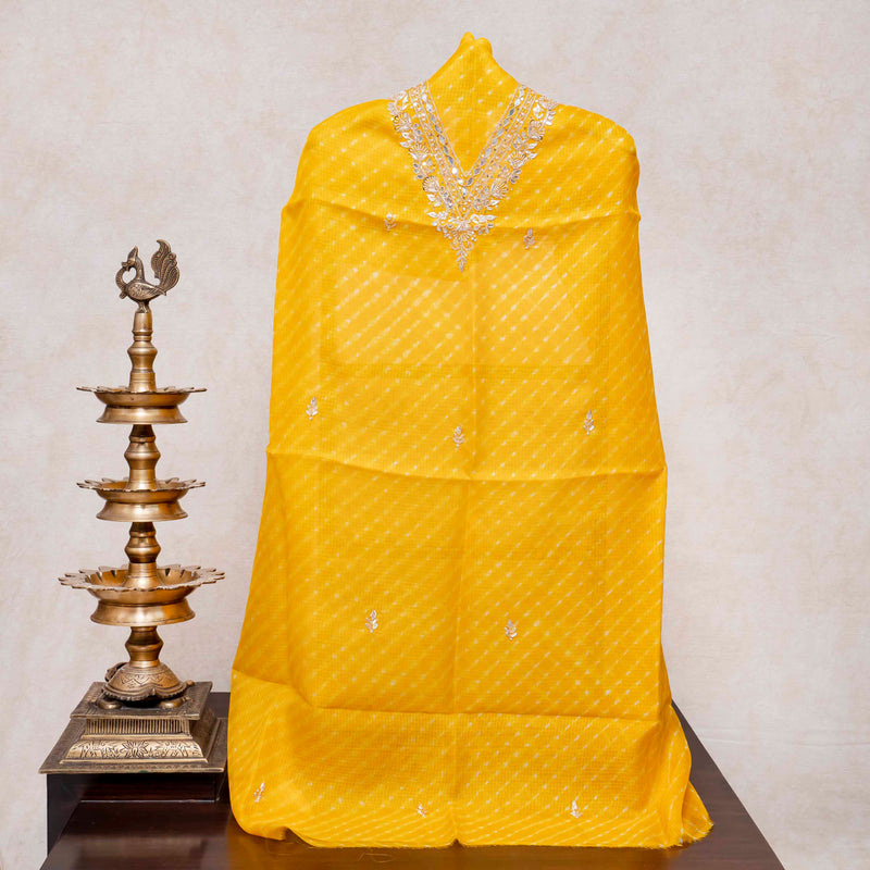 Hand Tie - Dye Kota Silk Kurta Fabric With Zari Hand Embroidery & Zari Hand Embroidery Dupatta