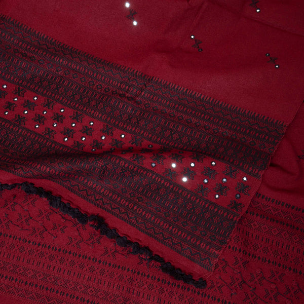Handwoven Woollen Maroon Shawl With Mirror Work