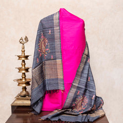 Handloom Raw Silk Kurta Fabric With Kashmiri Hand Embroidery Tussar Silk Dupatta