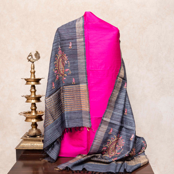 Handloom Raw Silk Kurta Fabric With Kashmiri Hand Embroidery Tussar Silk Dupatta