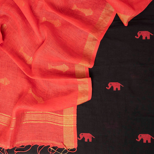 Handloom Handwoven Cotton Jamdani Kurta, Bottom Fabric & Handloom Handwoven Linen Jamdani Dupatta With Golden Motifs