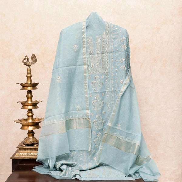 Mul Chanderi Kurta Fabric With Chikankari Hand Embroidery & Mul Chanderi Chikankari Dupatta