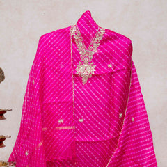 Hand Tie - Dye Kota Silk Kurta Fabric With Zari Hand Embroidery & Zari Hand Embroidery Dupatta