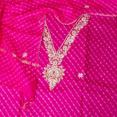 Hand Tie - Dye Kota Silk Kurta Fabric With Zari Hand Embroidery & Zari Hand Embroidery Dupatta