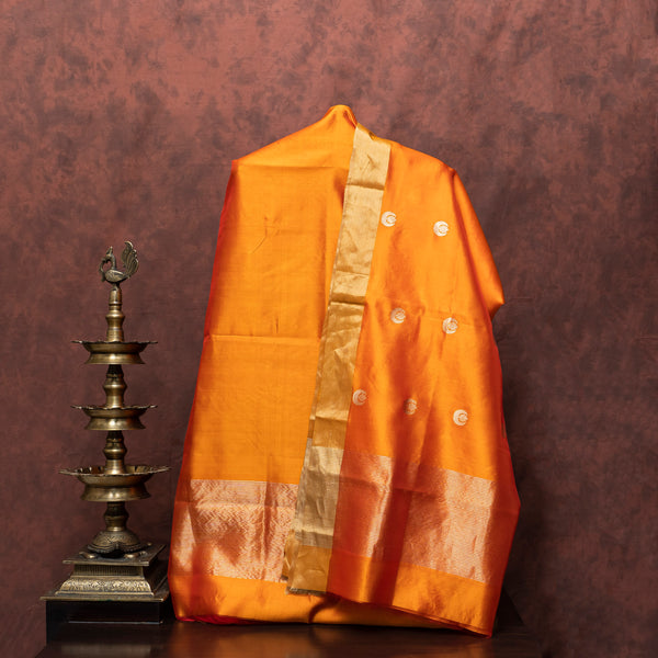 Handloom Pure Pattu Silk Orange Kurta Fabric And Dupatta With Kadwa Buta