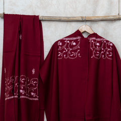 Maroon Kashmiri Sozni Hand Embroidered Woollen Kurta & Bottom Fabric With Sozni Embroidery Wollen Stole