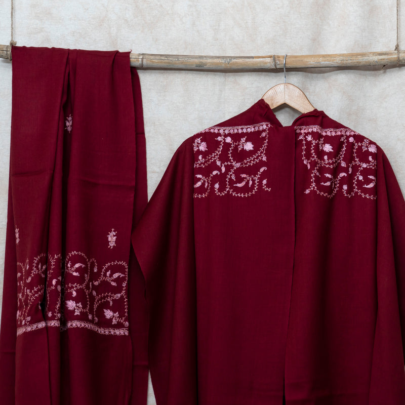 Maroon Kashmiri Sozni Hand Embroidered Woollen Kurta & Bottom Fabric With Sozni Embroidery Wollen Stole