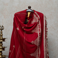 Red Handwoven Woollen Shawl With Mirror Handwork