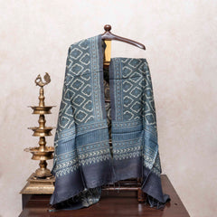 Ajrakh Handloom Tussar Silk Kurta & Dupatta Set in Teal Grey