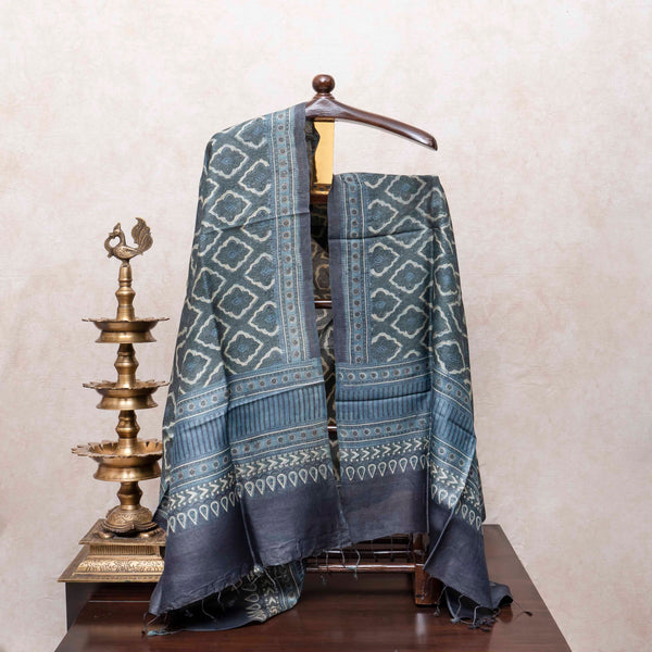 Ajrakh Handloom Tussar Silk Kurta & Dupatta Set in Teal Grey