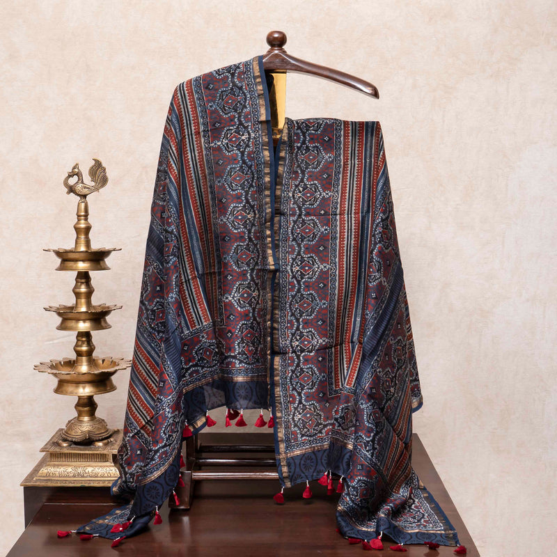 Hand Block Ajrakh Chanderi Silk Blue-Red Dupatta
