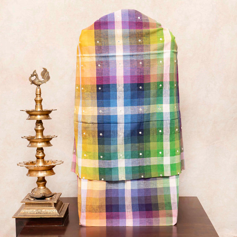 Handloom Kala Cotton Multicolour Check Kurta Fabric With Mirror Work, Handloom Kala Cotton Multicolour Check Bottom Fabric & Hand Kala Cotton Multicolour Stripes Dupatta With Mirror Work