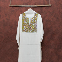 White Pure Woollen Kurta Fabric With Kashmiri Sozni Hand Embroidery