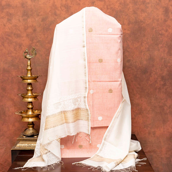 Handloom Cotton Kurta, Bottom Fabric & Handloom Chanderi Silk Dupatta With Chikankari Hand Embroidery