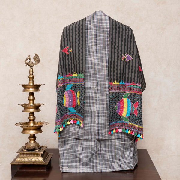 Handloom Cotton Multicoloured Check Kurta, Bottom With Motif & Handloom Cotton Stole With Embroidery