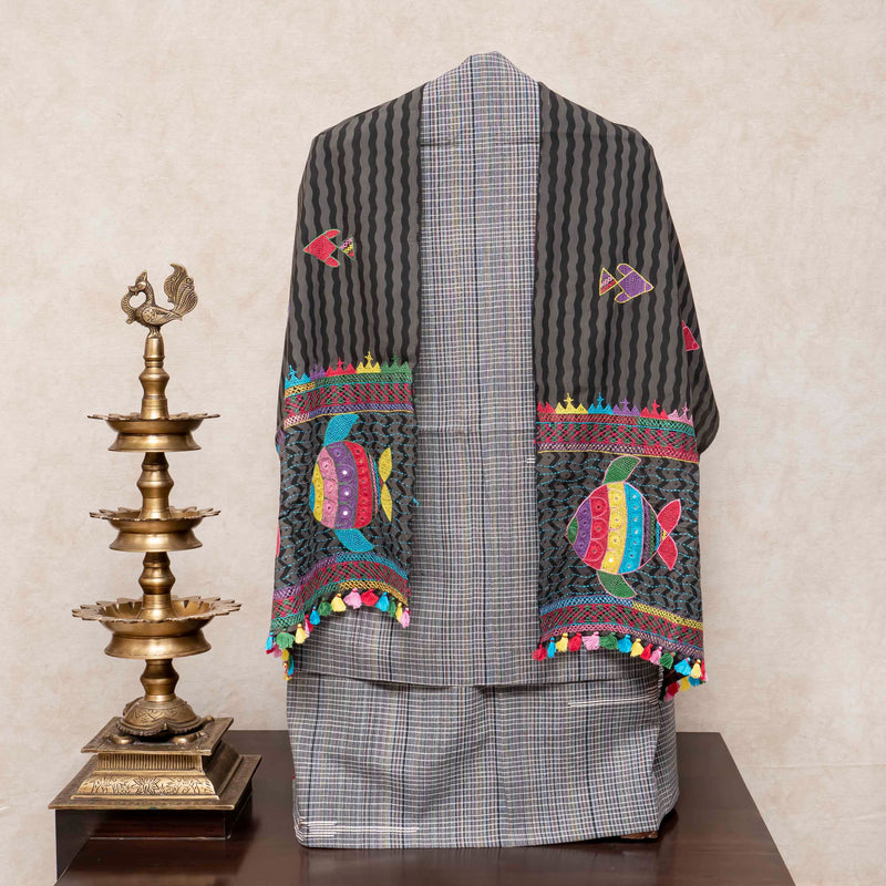 Handloom Cotton Multicoloured Check Kurta, Bottom With Motif & Handloom Cotton Stole With Embroidery