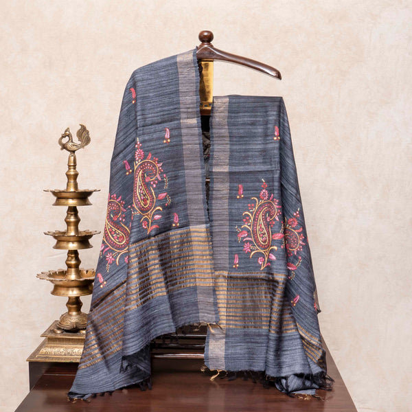 Handloom Raw Silk Kurta Fabric With Kashmiri Hand Embroidery Tussar Silk Dupatta