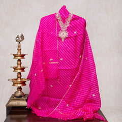 Hand Tie - Dye Kota Silk Kurta Fabric With Zari Hand Embroidery & Zari Hand Embroidery Dupatta