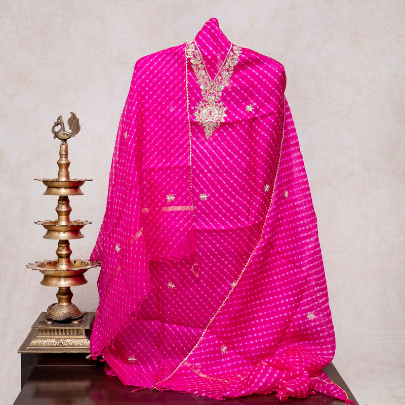 Hand Tie - Dye Kota Silk Kurta Fabric With Zari Hand Embroidery & Zari Hand Embroidery Dupatta