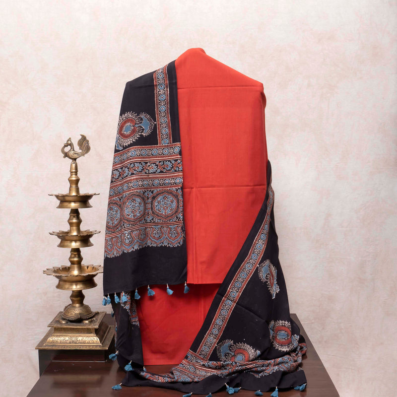 Rust Flame Handloom Cotton Suit Set with Ajrakh Printed Dupatta