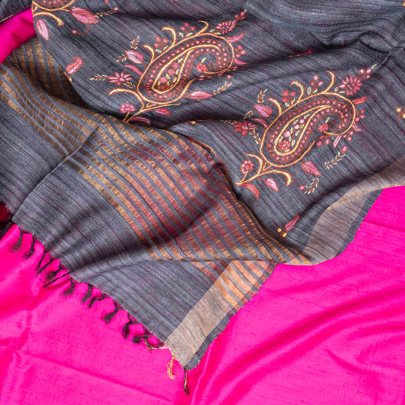 Handloom Raw Silk Kurta Fabric With Kashmiri Hand Embroidery Tussar Silk Dupatta