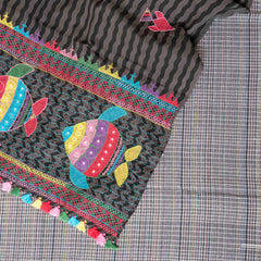 Handloom Cotton Multicoloured Check Kurta, Bottom With Motif & Handloom Cotton Stole With Embroidery