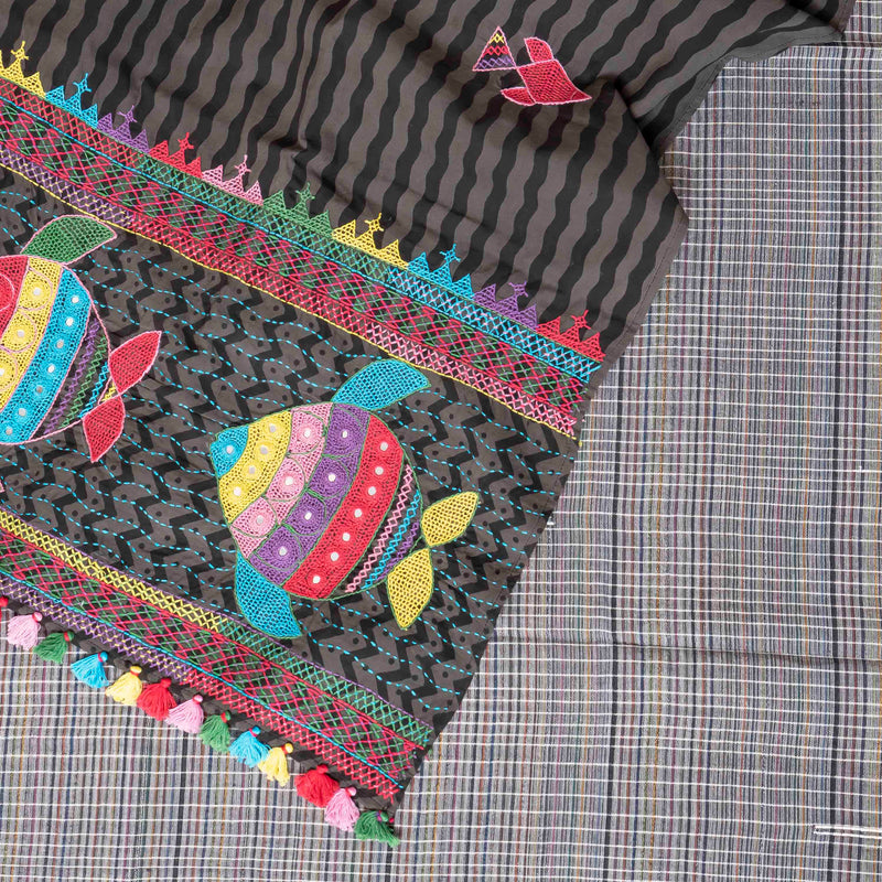 Handloom Cotton Multicoloured Check Kurta, Bottom With Motif & Handloom Cotton Stole With Embroidery