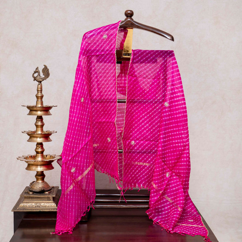 Hand Tie - Dye Kota Silk Kurta Fabric With Zari Hand Embroidery & Zari Hand Embroidery Dupatta