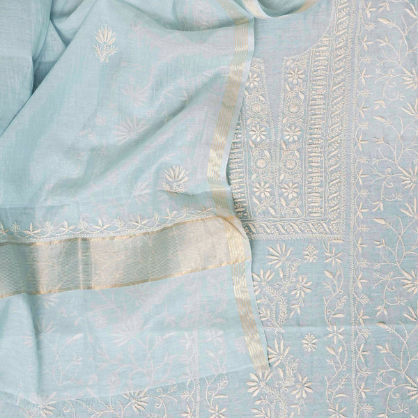 Mul Chanderi Kurta Fabric With Chikankari Hand Embroidery & Mul Chanderi Chikankari Dupatta