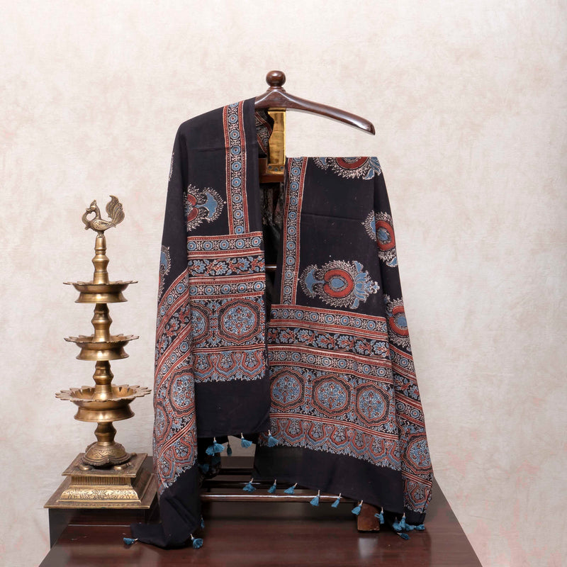 Rust Flame Handloom Cotton Suit Set with Ajrakh Printed Dupatta