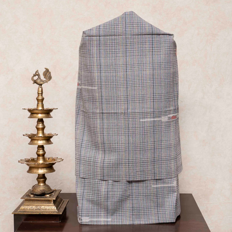 Handloom Cotton Multicoloured Check Kurta, Bottom With Motif & Handloom Cotton Stole With Embroidery