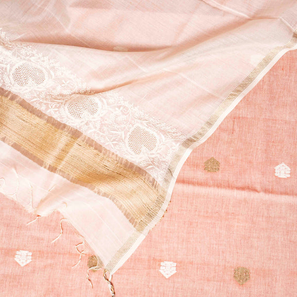 Handloom Cotton Kurta, Bottom Fabric & Handloom Chanderi Silk Dupatta With Chikankari Hand Embroidery