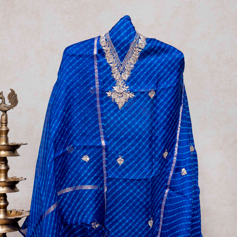 Hand Tie - Dye Kota Silk Kurta Fabric With Zari Hand Embroidery & Zari Hand Embroidery Dupatta