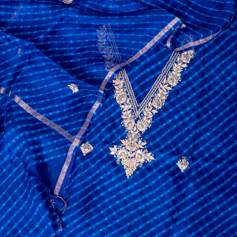 Hand Tie - Dye Kota Silk Kurta Fabric With Zari Hand Embroidery & Zari Hand Embroidery Dupatta