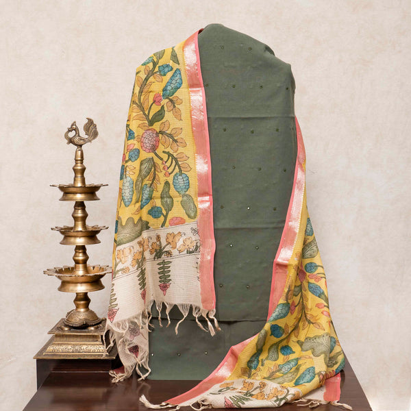 Handloom Kala Cotton Kurta Fabric With Mirror Work, Handloom Kala Cotton Bottom Fabric & Handloom Cotton Hand Painted Kalam Kari Dupatta
