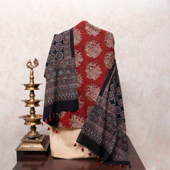 Rust Kalamkari Cotton Suit Set with Ajrakh Hand Block Printed Stole