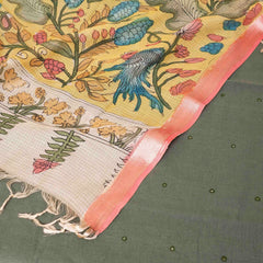 Handloom Kala Cotton Kurta Fabric With Mirror Work, Handloom Kala Cotton Bottom Fabric & Handloom Cotton Hand Painted Kalam Kari Dupatta