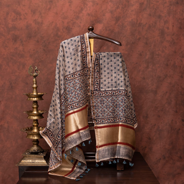 Mul Cotton Ajrakh Kurta Fabric And Ajrakh Chanderi Dupatta