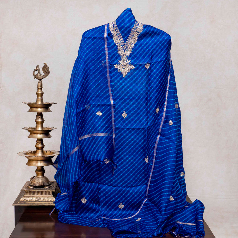 Hand Tie - Dye Kota Silk Kurta Fabric With Zari Hand Embroidery & Zari Hand Embroidery Dupatta