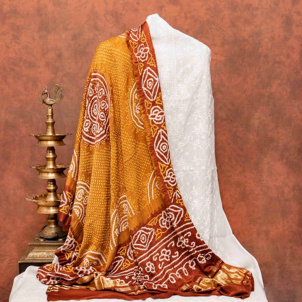 Chikankari Hand Embroidery Mul Chanderi Kurta Fabric & Gachi Silk Bandhanii Dupatta