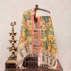 Handloom Kala Cotton Kurta Fabric With Mirror Work, Handloom Kala Cotton Bottom Fabric & Handloom Cotton Hand Painted Kalam Kari Dupatta