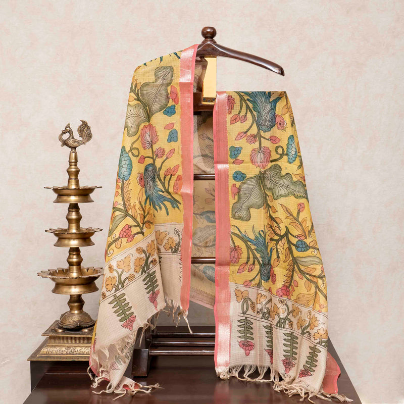Handloom Kala Cotton Kurta Fabric With Mirror Work, Handloom Kala Cotton Bottom Fabric & Handloom Cotton Hand Painted Kalam Kari Dupatta
